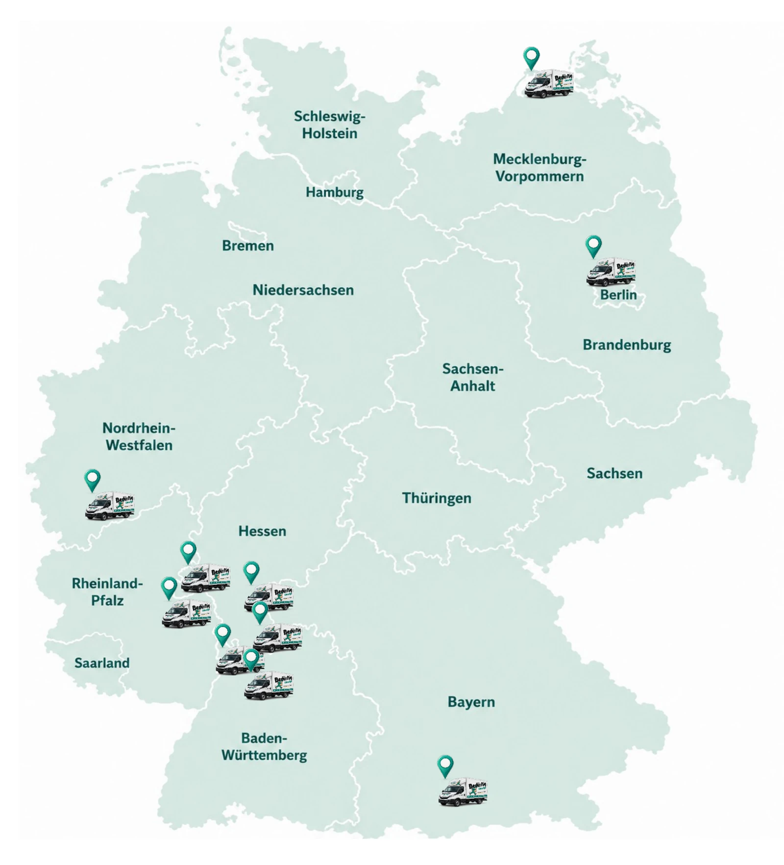 Deutschlandkarte mit Standorten und Einsatzgebieten von Bedürftig Umzüge