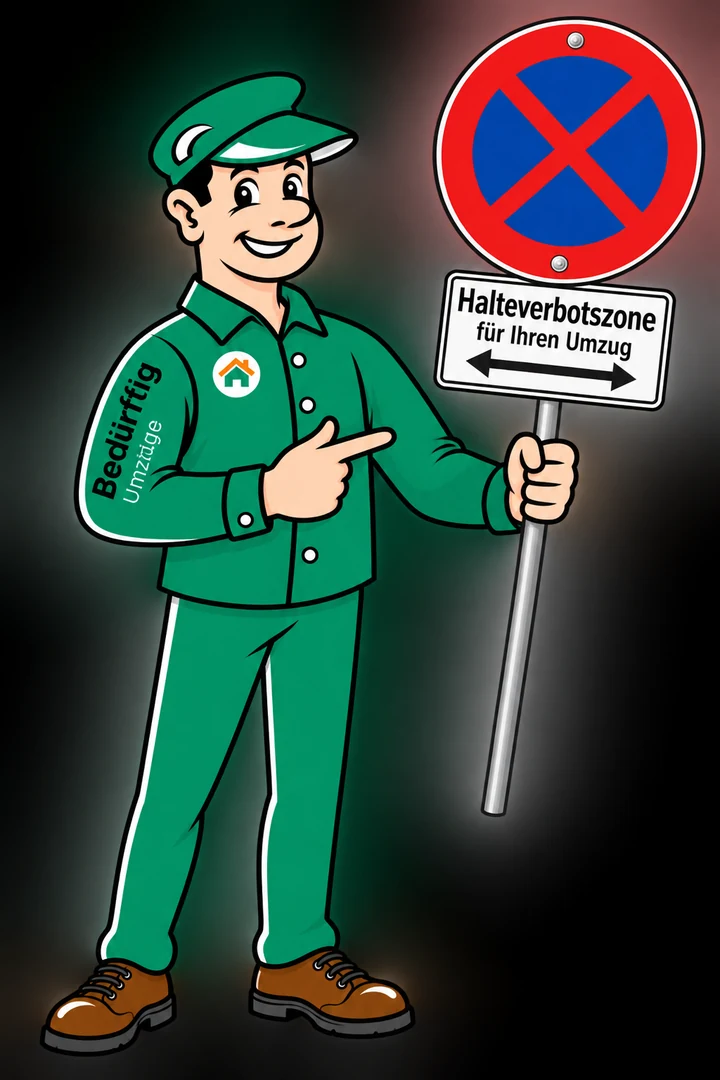 Berti mit Halteverbotsschild weist auf die Genehmigung einer Halteverbotszone beim Umzug hin