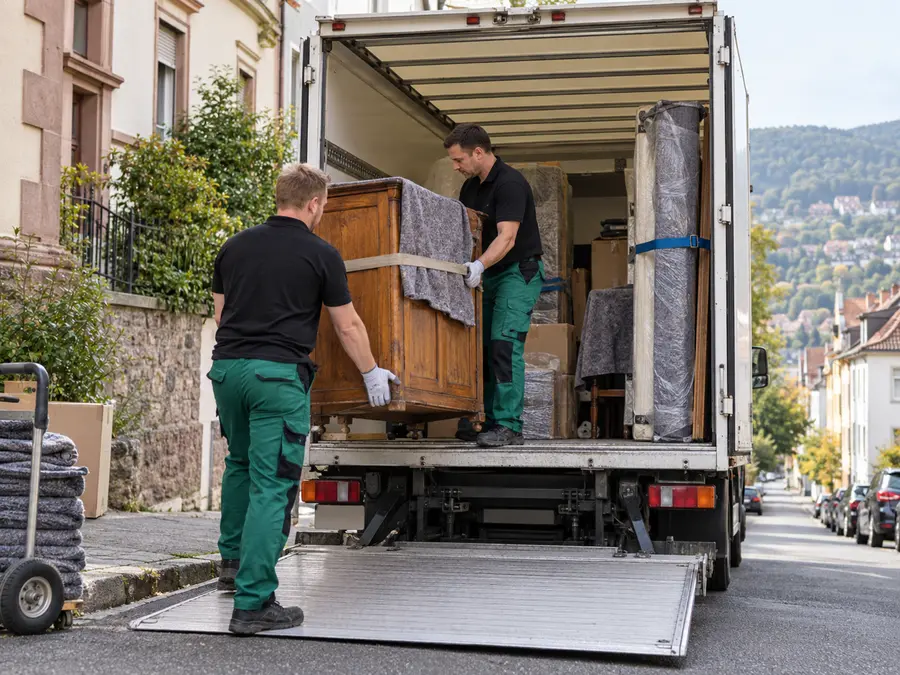 Beladener Möbelwagen in einer Heidelberger Wohnstraße
