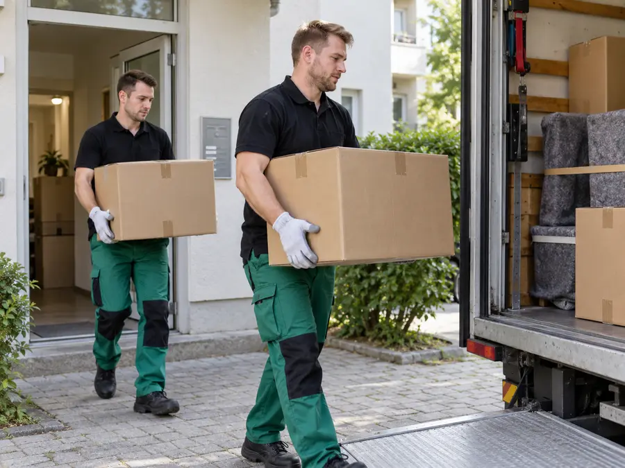 Zwei Umzugshelfer tragen gepackte Kartons zum Möbelwagen