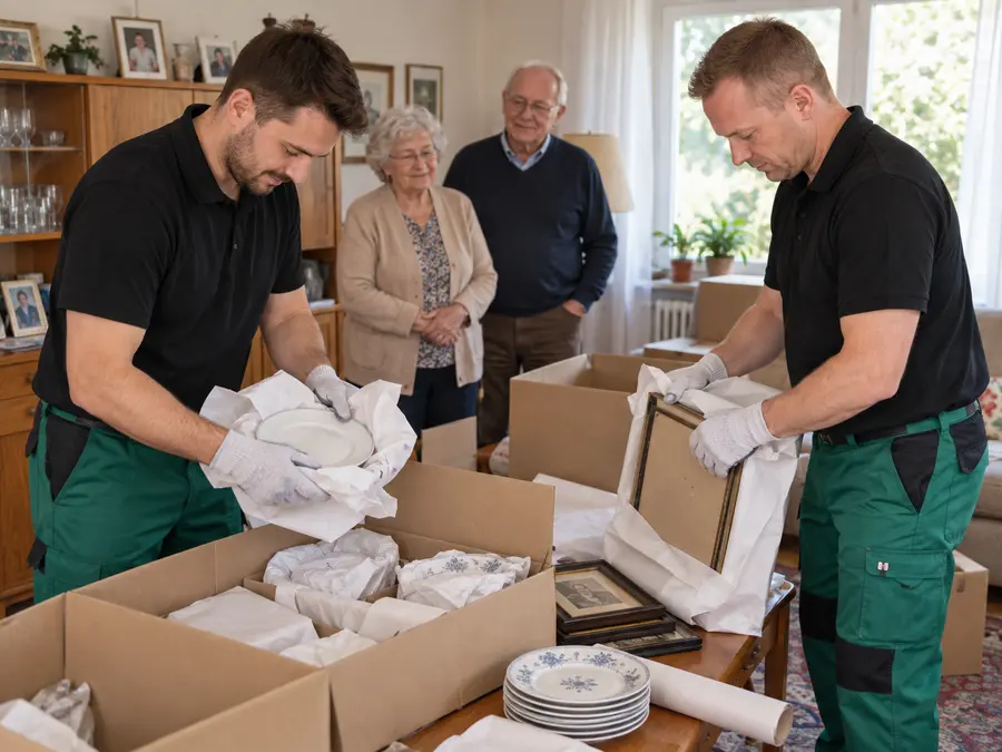 Umzugsteam verpackt Geschirr sorgfältig im Beisein einer Kundin