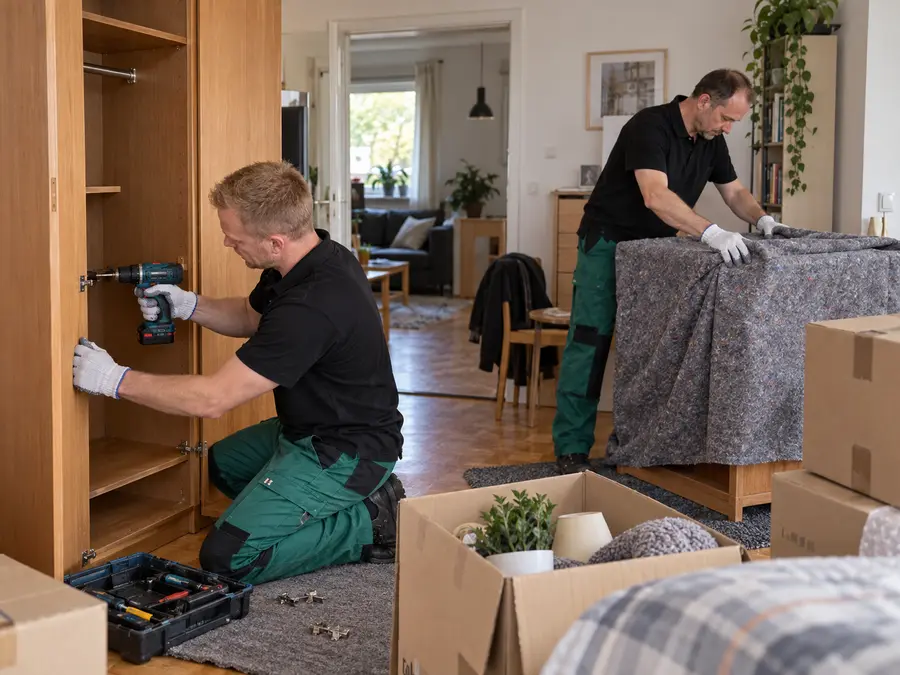 Umzugsprofis schützen Möbel und montieren einen Schrank