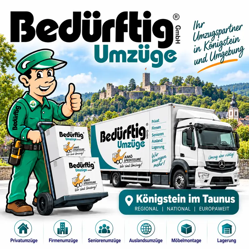 Illustration für die Bedürftig Umzüge GmbH in Königstein im Taunus mit Berti, Umzugsfahrzeug und Burgkulisse
